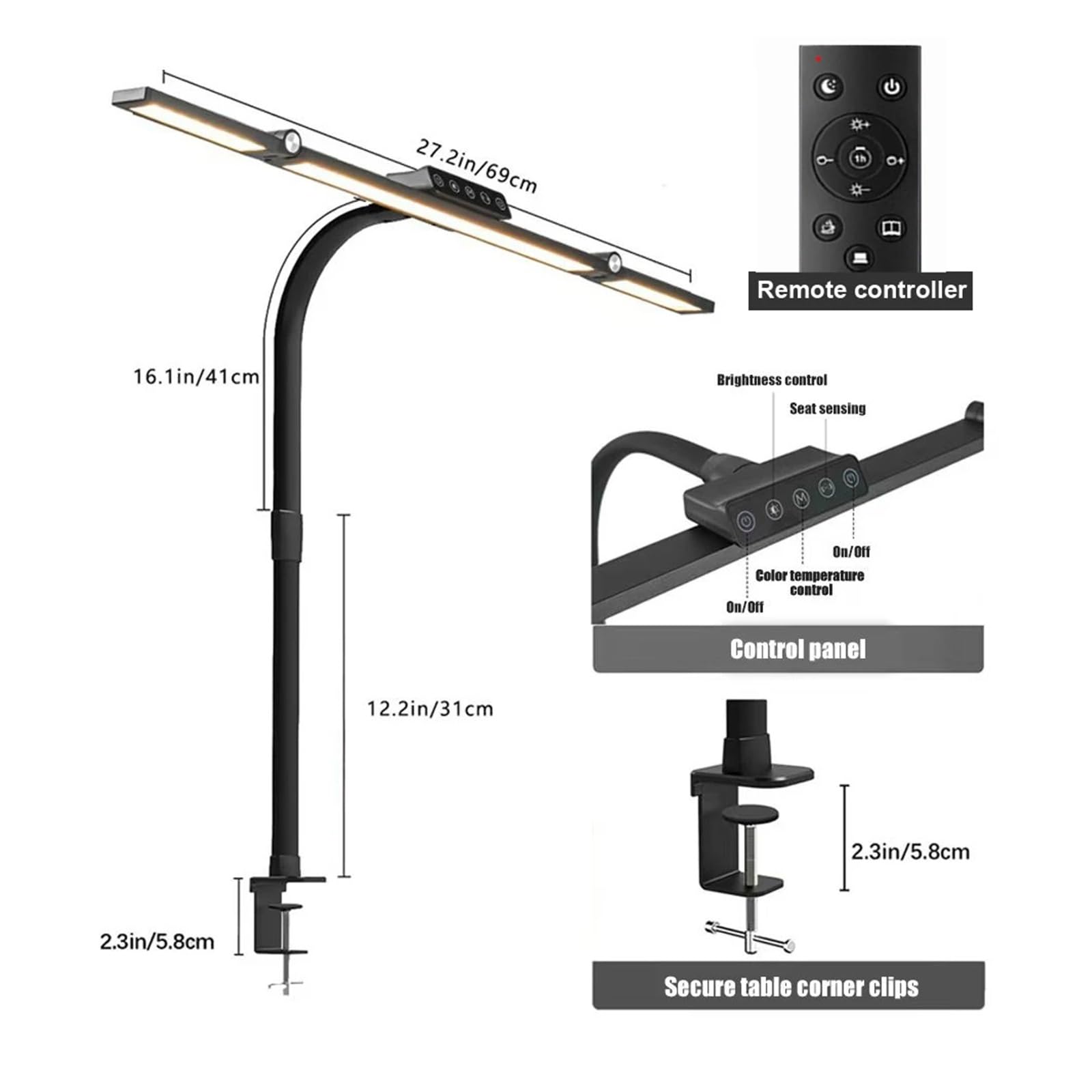 Lampada da scrivania a LED a braccio lungo con morsetto Lampade da tavolo a LED dimmerabili sensibili al tocco da 24 W for architetto da ufficio con Ctonroller remoto for lo studio