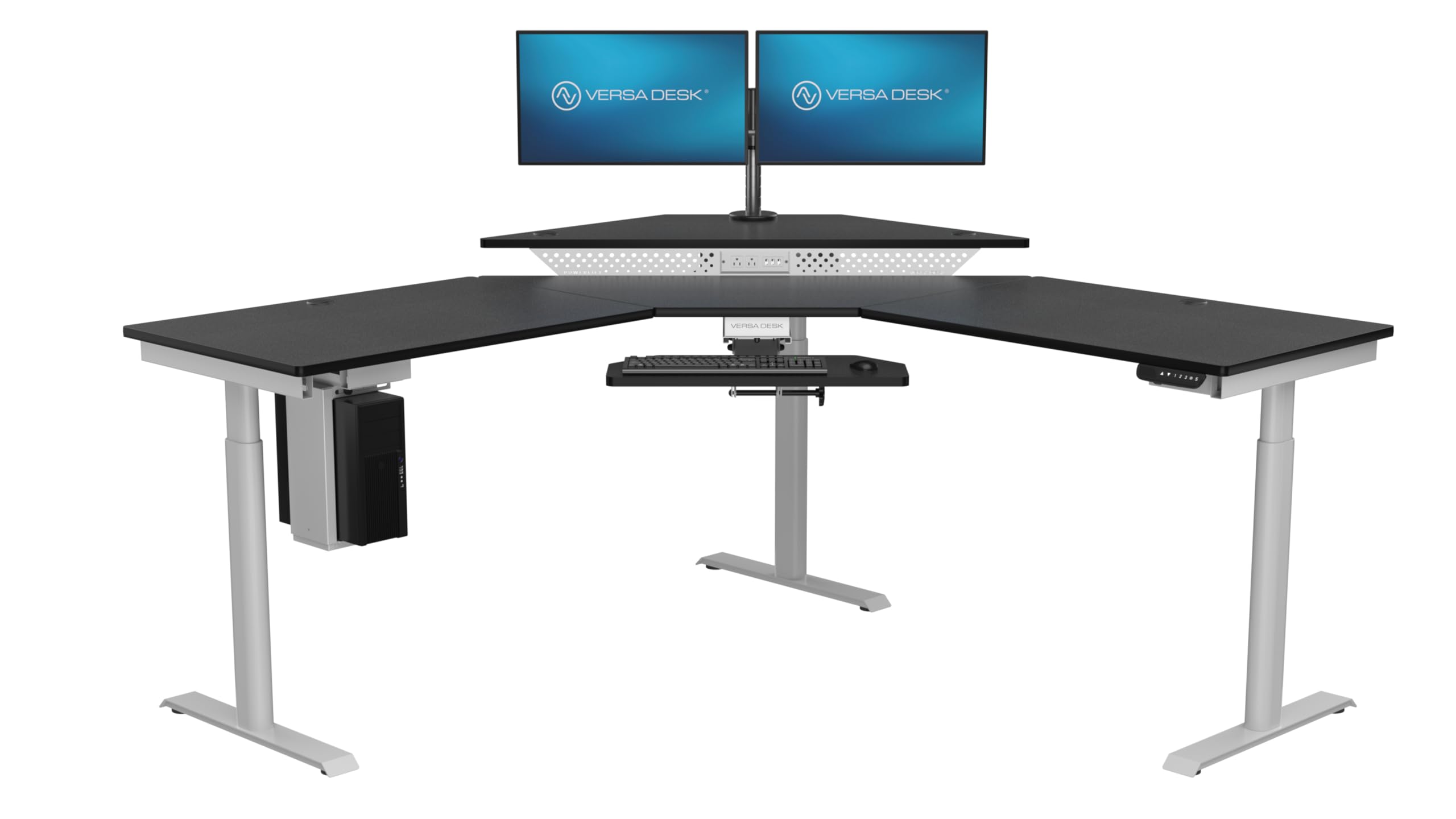 VERSADESK 72" x 72" Electric L-Shaped Corner Standing Desk, Commercial Grade Height Adjustable Sit Stand Workstation, Ergonomic Computer Desk for Home Office, White Frame, Black Surface
