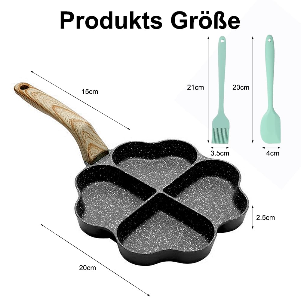 Padella antiaderente a forma di cuore a 4 fori, per pancake, antiaderente, con spatola in silicone e spazzola per la colazione, pancake, per omelette, hamburger (nero)