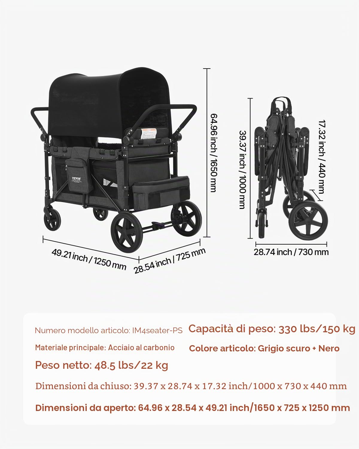 VEVOR Passeggino a Quattro Posti per 4 Bambini, Pieghevole con Maniglia Regolabile, Imbracatura di Sicurezza Tettuccio Rimovibile, Passeggino Comodo, Grigio Scuro e Nero, Carico 150 kg