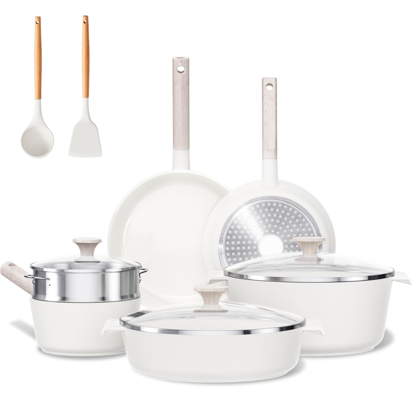 16pcs Ceramic Cookware kitchen Sets, Non Stick Pots and Pans Set, Healthy Non toxic Induction Cookware, Nonstick Pan Sets for Cooking(PFOS, PFOA Free) (16 PCS White)Recycled Claim Standard 100