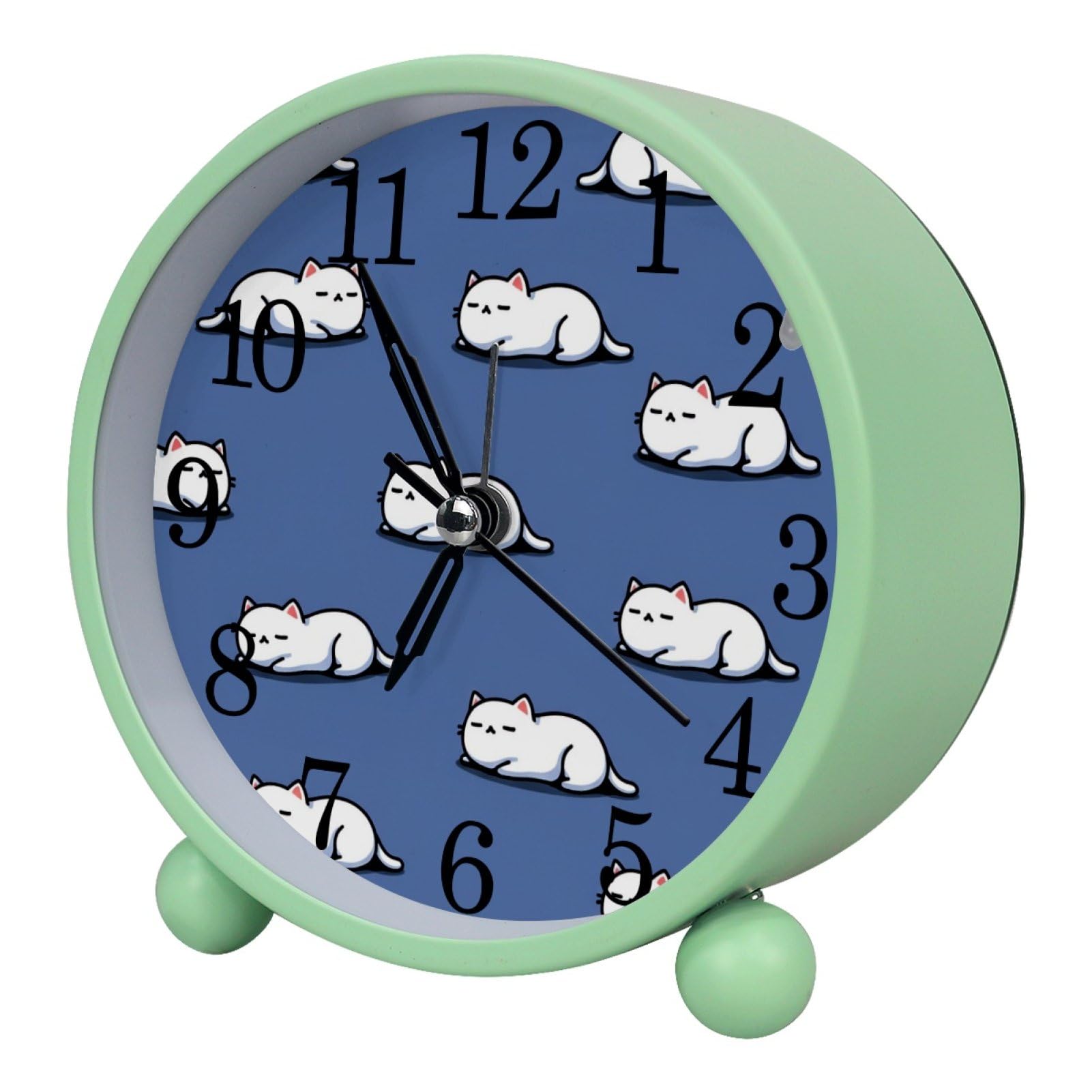 etoenbrc Cats Round Battery Operated Bedside Alarm Clocks Non-Ticking Desktop Silent Analog Alarm Clock with Light