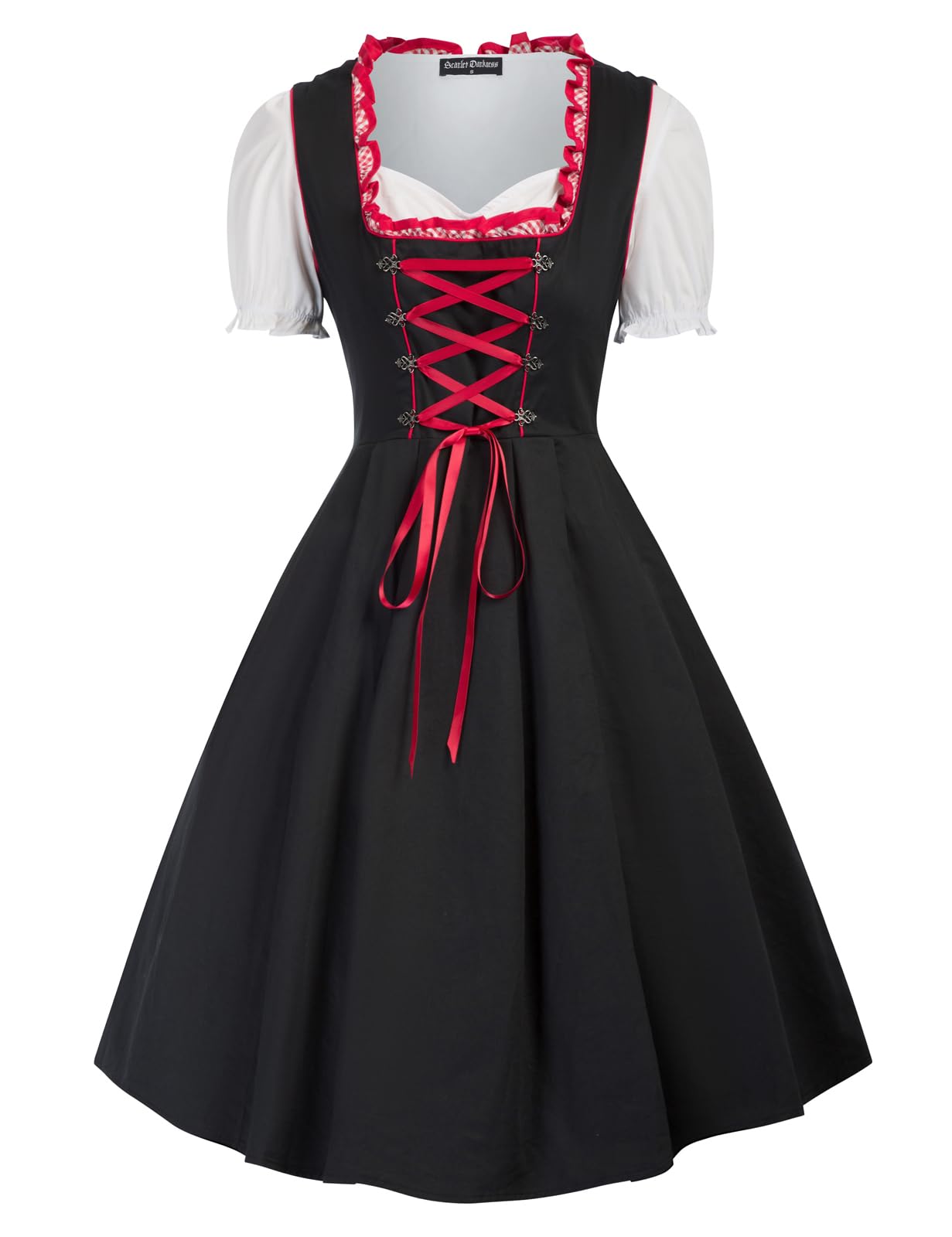 SCARLET DARKNESS Damen Trachtenkleid 3tlg Knielang Dirndl Kleid für Oktoberfest Landhauskleid XL Schwarz und Rot#1