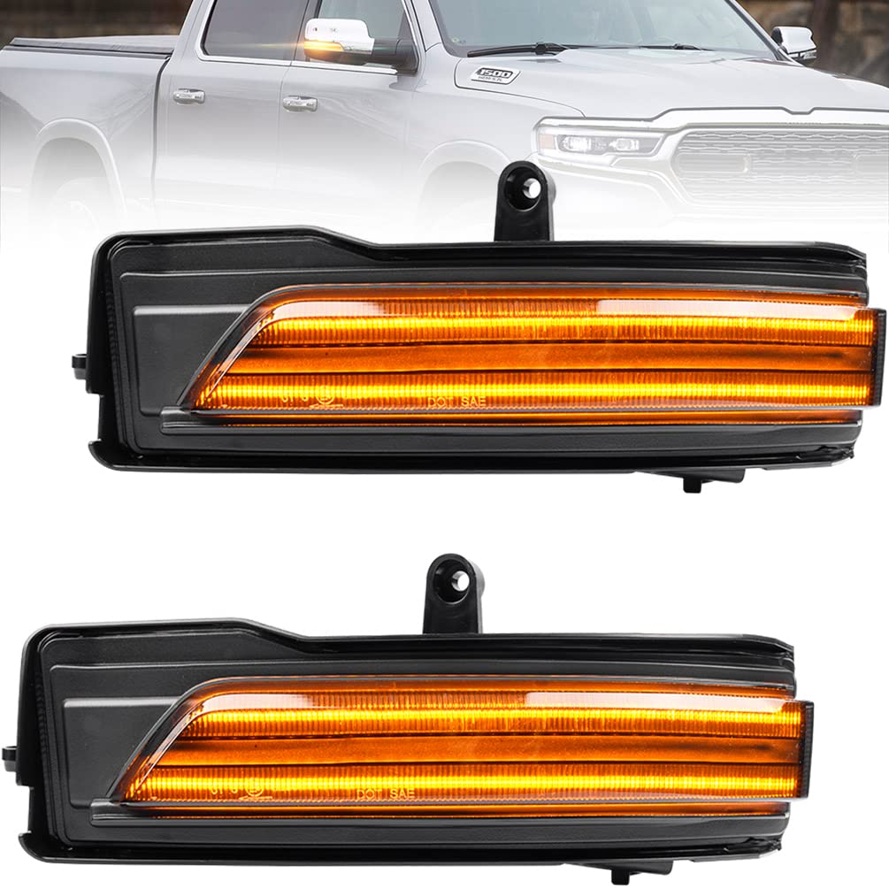 NJSBYL RAM 1500 Sequential Amber LED Side Mirror Light Assemblies for 2019 2020 2021 2022 RAM 1500 Pickups Towing Dynamic Turn Signal Blinker Indicator Lights Smoked Lens L/R Rear-View Marker Lamps