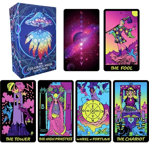Jrskvaro Colorful Neon Tarot Cards Deck With Guidebook for Beginners - 78 Classic Cards With Meanings