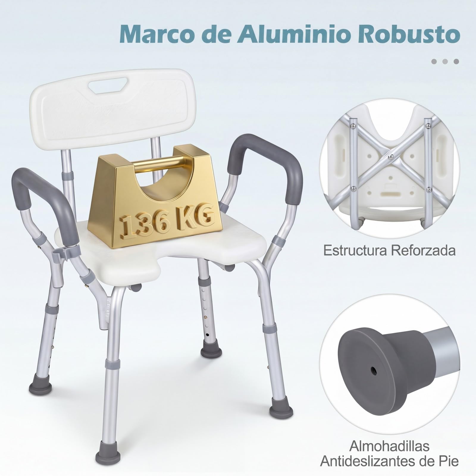 COSTWAY Silla para Ducha para Mayores, Silla de Baño con Altura Ajustable en 6 Niveles, Asiento Antideslizante, Respaldo Curvo y Apoyabrazos Acolchados, Taburete de Ducha con Marco de Aluminio