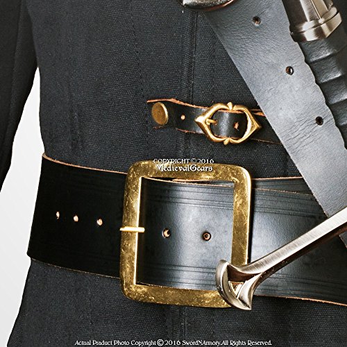 Medieval Gears Brand 59 Inch Black Genuine Leather Pirate Belt Brass Buckle Renaissance Cosplay LARP