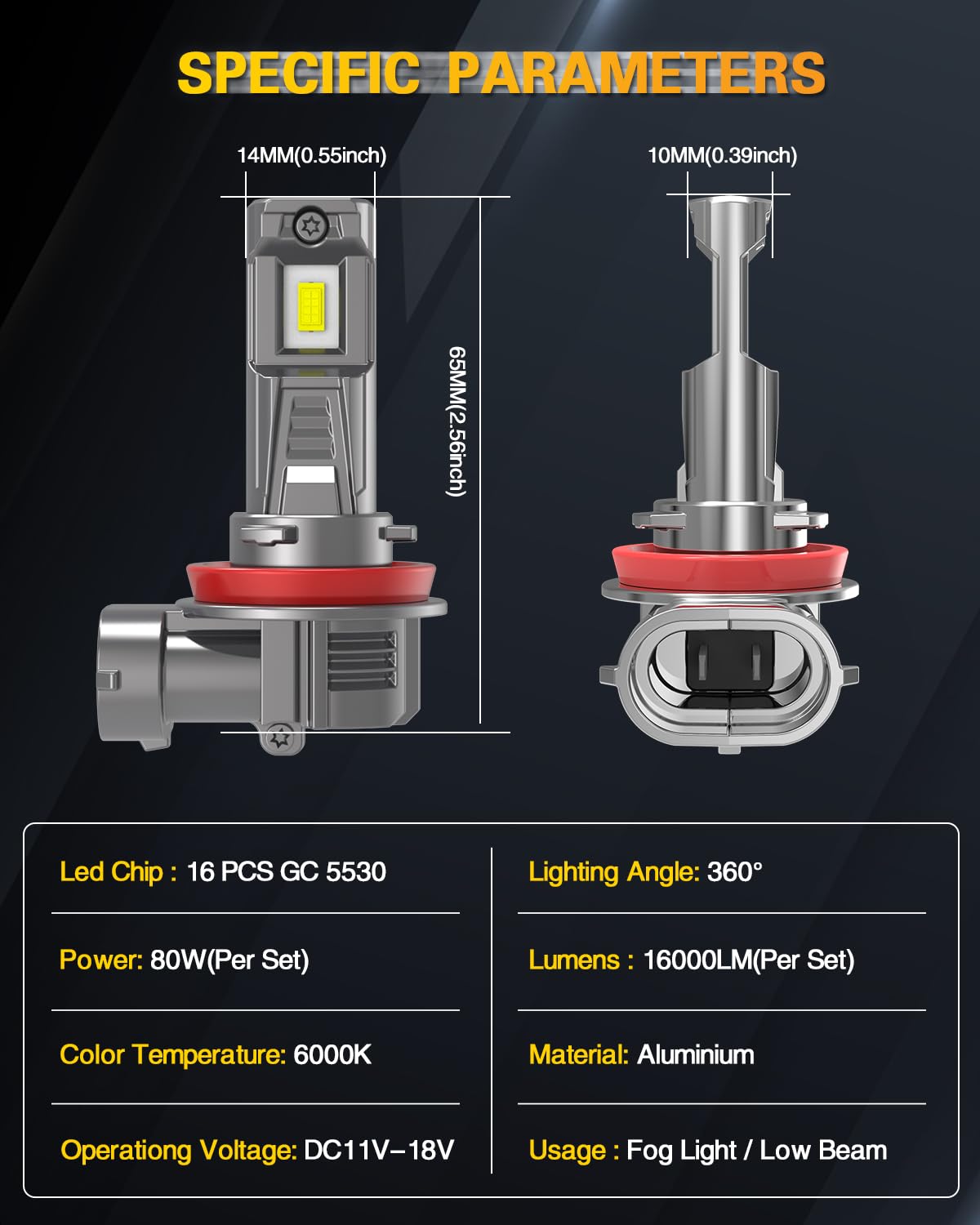 Lampadina LED H11 Per Fari Auto,Senza Ventola Lampadina LED H8 H9, 16000LM 80W Mini formato 1:1 Bianco Luci 300% Luminosità,Fari H11 LED Per Fendinebbia/il faroanabbagliante, Confezio da 2