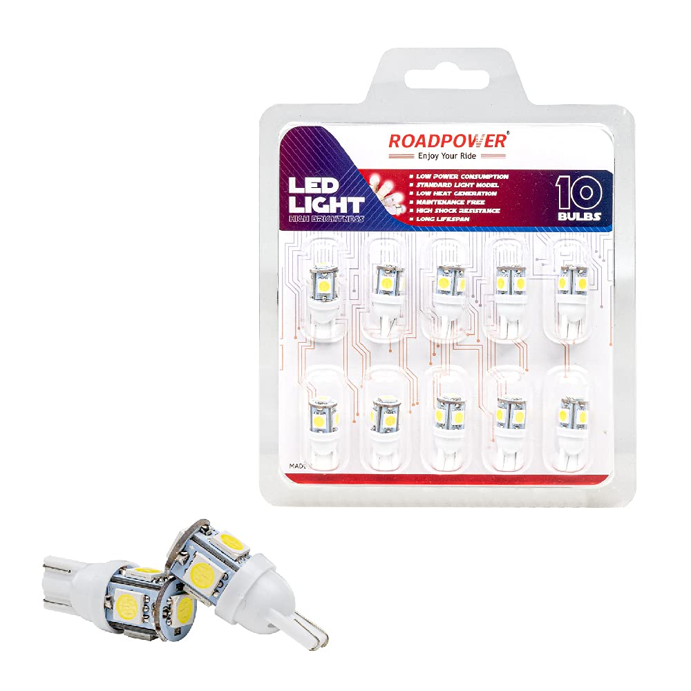 ROADPOWER Error Free T10 5 SMD LED Bulb | 6000K Bright Cool White Color | Universal Fit Used for Car Interior, Dome Light, License Plate Light, Parking Light | Model "RP-DIM10-5SMD" | Pack of 10 Pcs