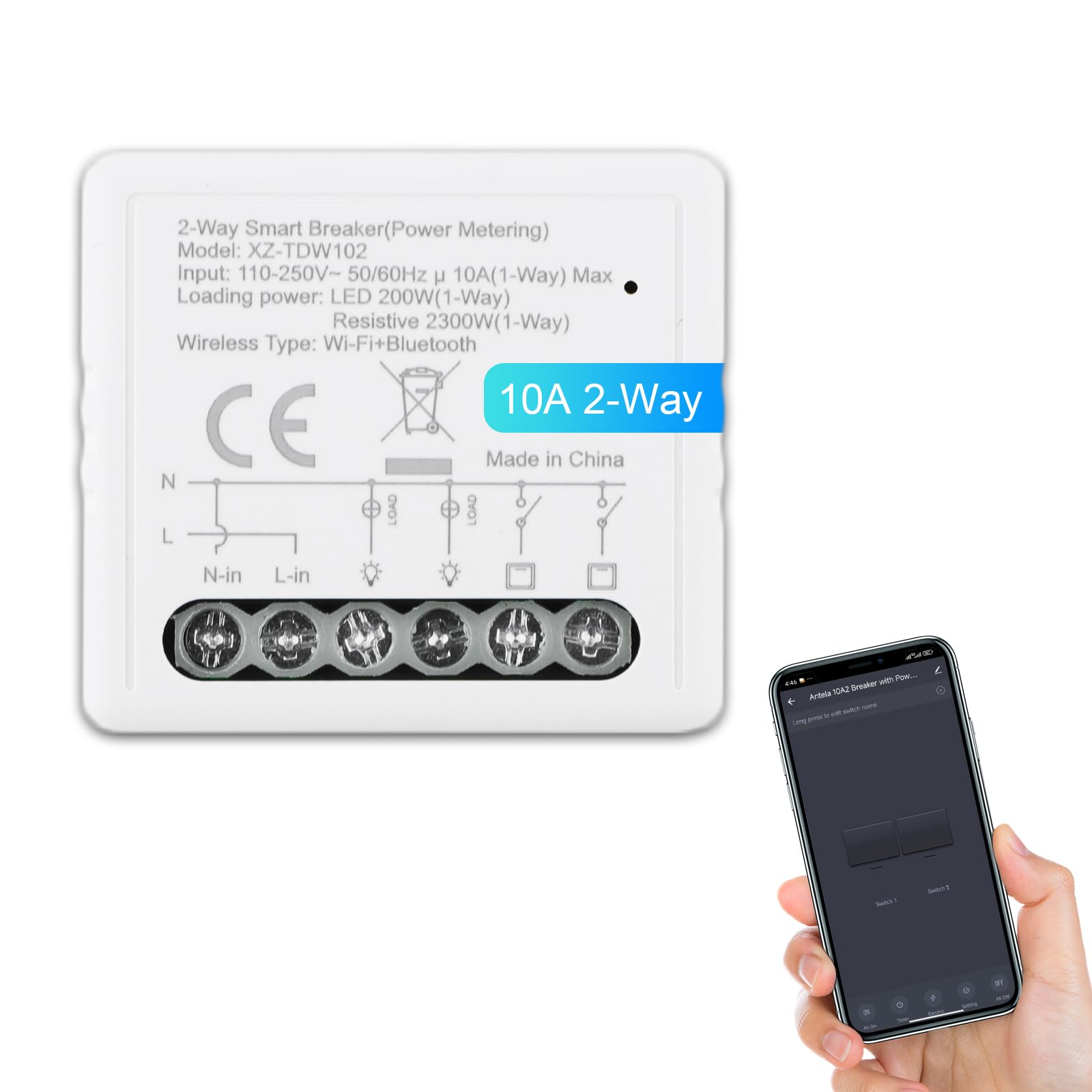 ANTELA Relè Intelligente WiFi E Bluetooth 1 Canale 10A – Interruttore Mini Per Smart Life, Alexa, Google Home – 2 Pezzi - 2
