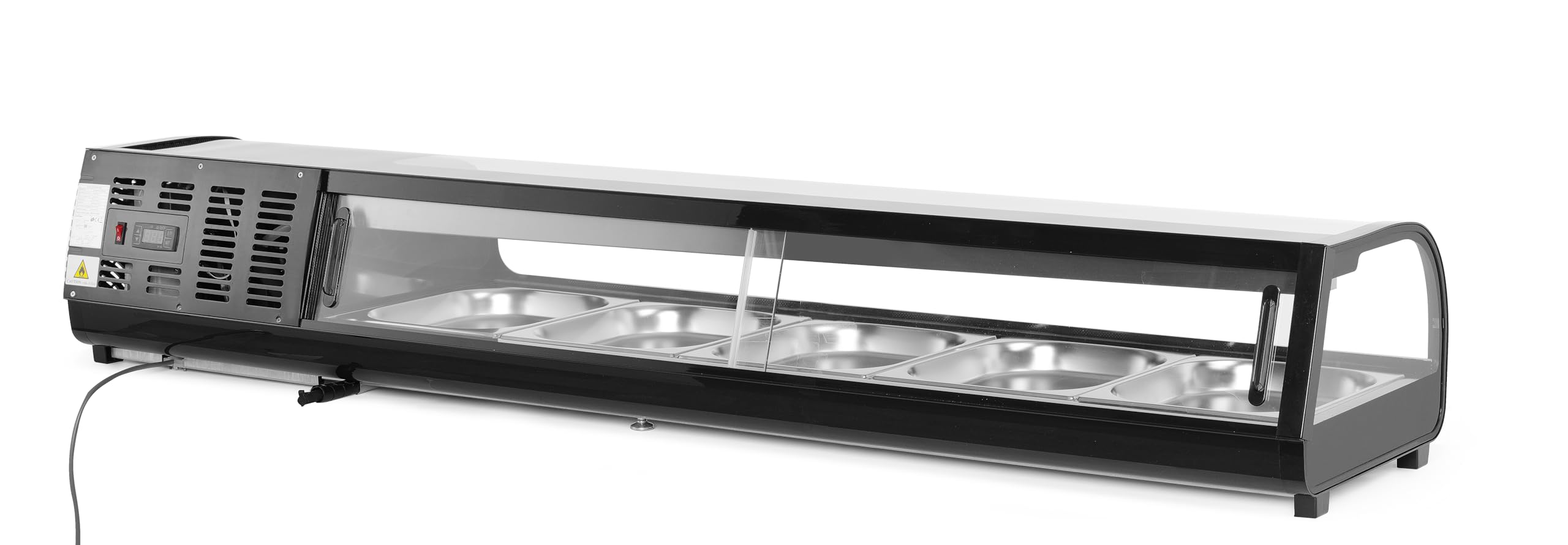 HENDI Sushi-Kühlvitrine, Arktic, mit 5x GN1/2 Behälter, Temperaturbereich: 0° bis 12°C, LED-Beleuchtung, Sushi-Kühlschrank, 230V/190W, 1800x420x(H)265mm, Edelstahl, ABS, Glas, schwarz