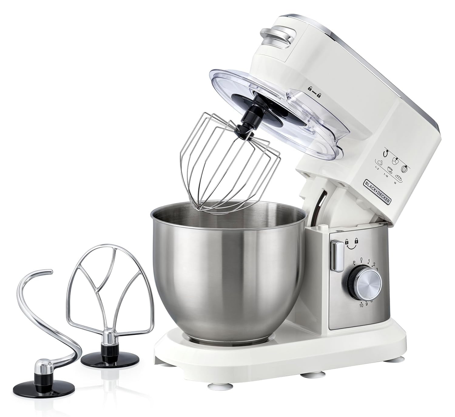 BLACK+DECKERStand Mixer, 1000W, 6L Stainless Steel Bowl, 10 Speeds + Pulse, Planetary Action, Dough Hook, Beater, Whisk Attachments, Tilt Head, for Baking and Kneading, White - MKM100-B
