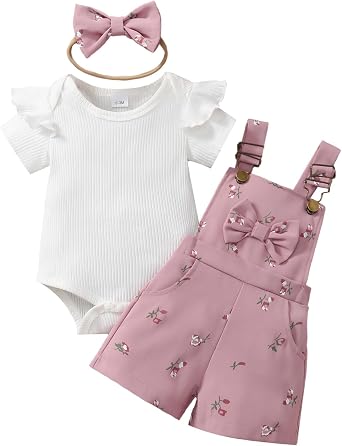 Newborn Baby Girl Summer Outfit Short Sleeve Ribbed Romper Suspender Overalls Shorts Set Infant Cute Clothes