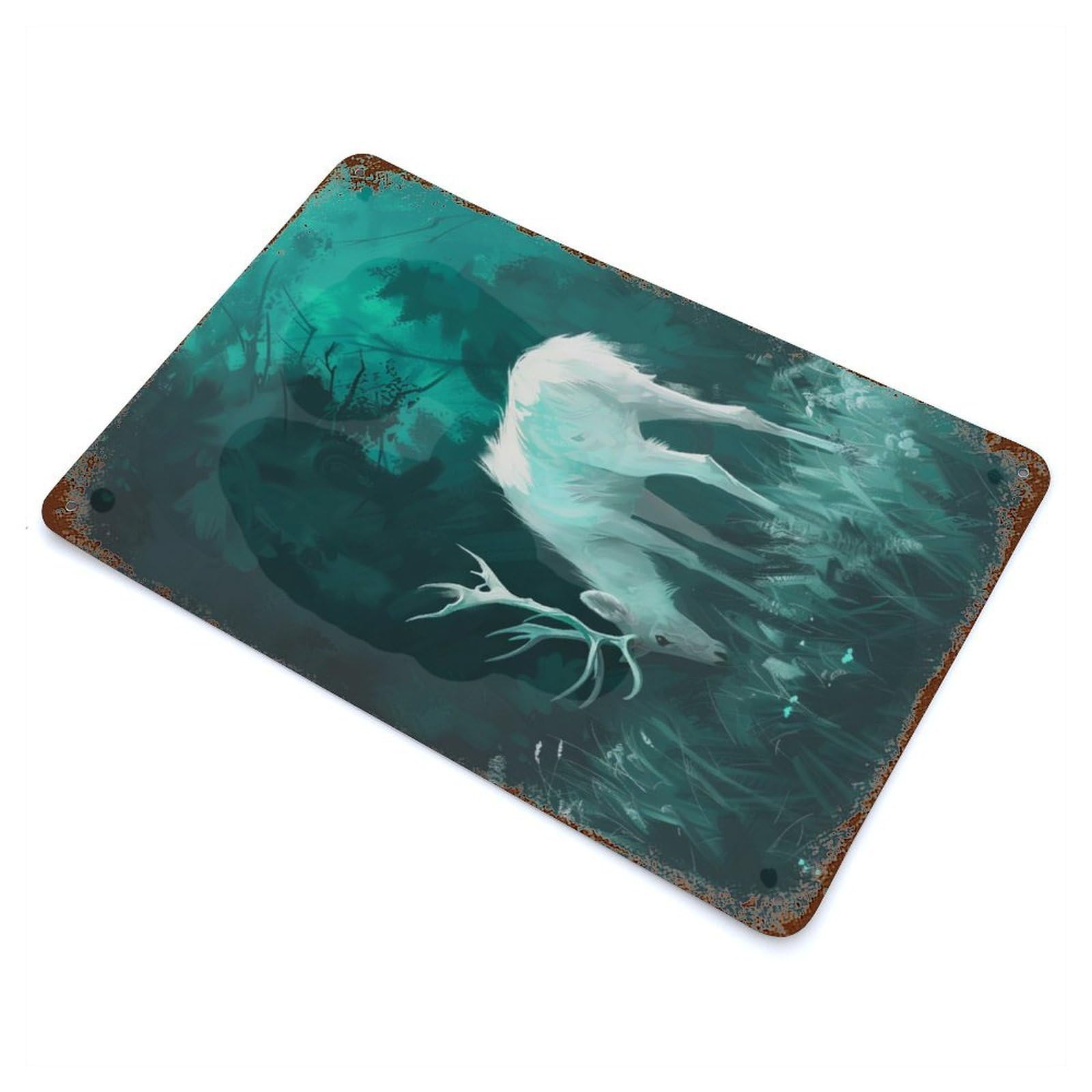 Distressed Metal Wall Sign White Deer in Forest 11.8"x7.9", Old School Wall Decor for Bistro, Counter And Cafe Decor