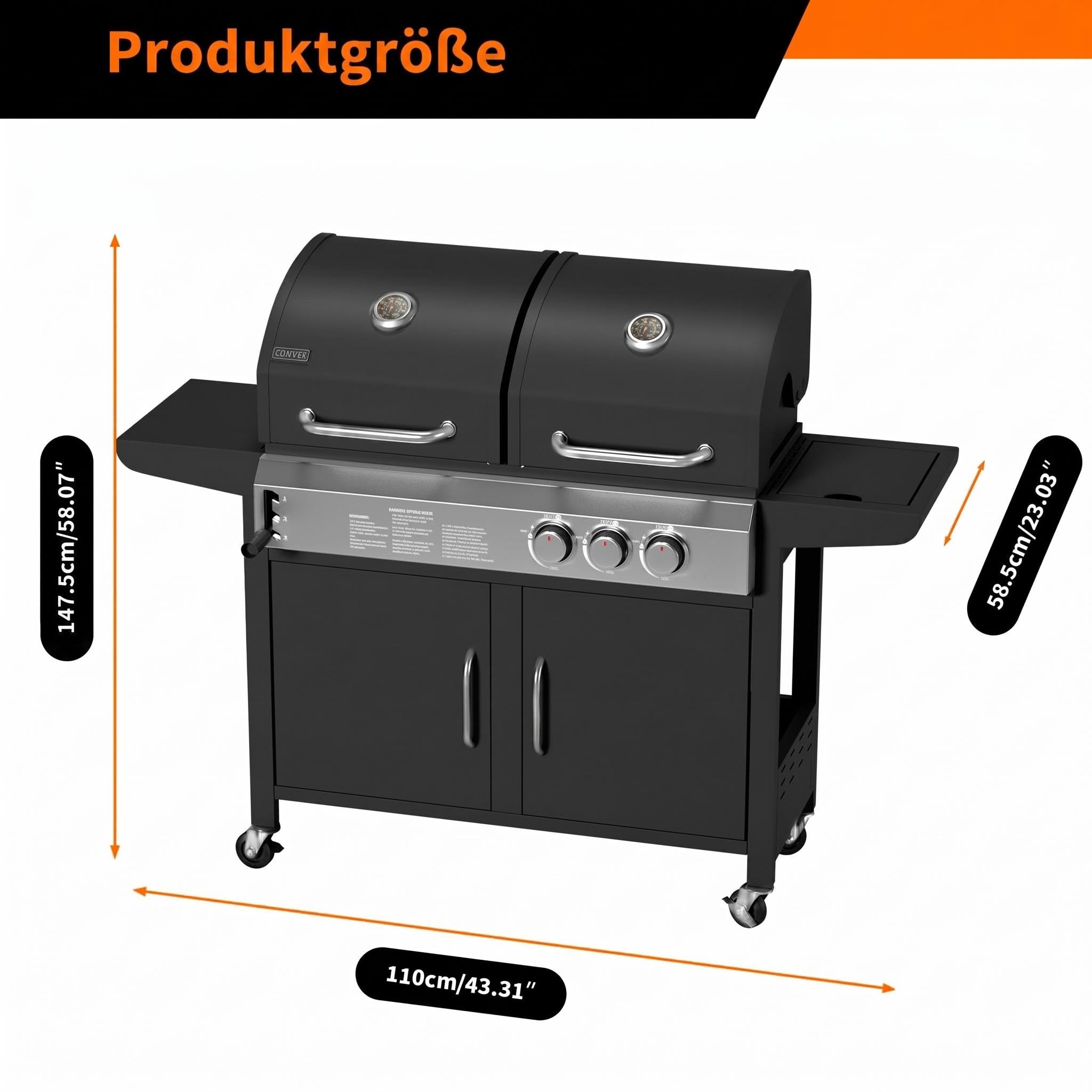 2-in-1 Gasgrill und Holzkohlegrill Kombination, 3 Brenner mit 24.000 BTU, Edelstahl-Grillwagen mit Unterschrank und Rädern, Dual Fuel BBQ-Station für Garten und Terrasse
