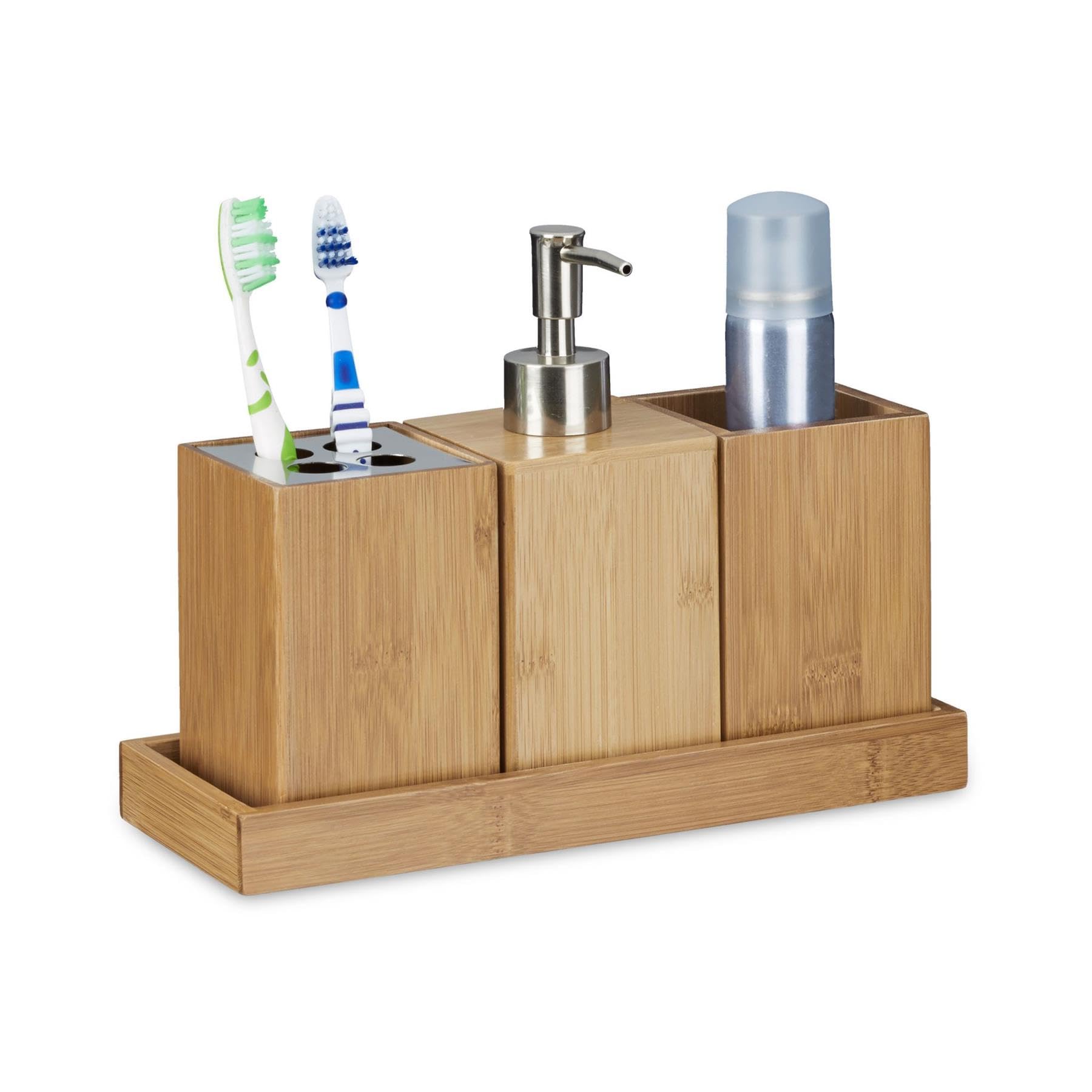 simpa 4PC Bamboo Bathroom Accessory Set. Toothbrush Holder, Soap Dispenser, Cup and Tray.