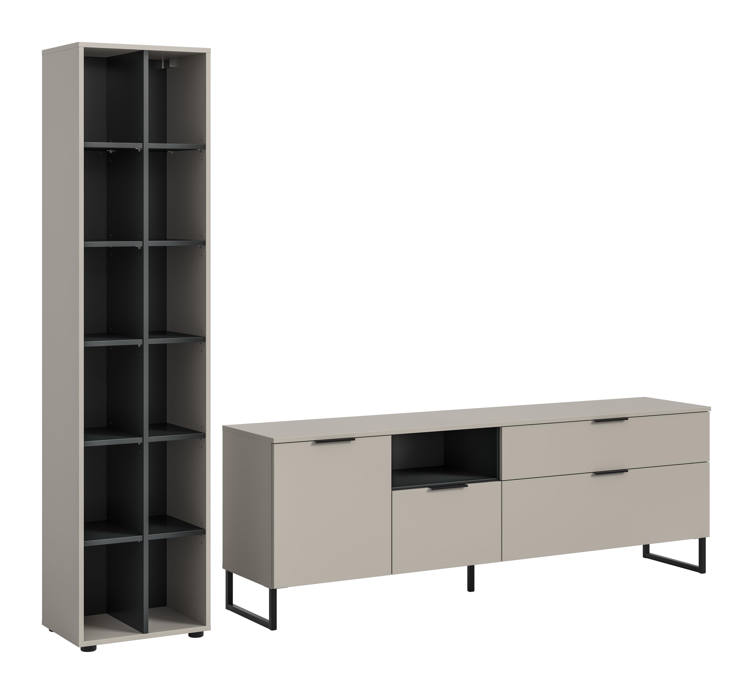 xonox.home – Wohnkombination Noida 245x192x41 cm in Kaschmir Nachbildung und Schwarz – Zeitgemäßes Wohnzimmermöbel-Set mit Stauraum – klar, modern & wohnlich
