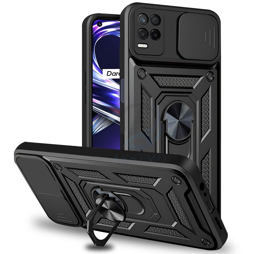 AESTMO Tough Armor Compatible with Realme 9 5G / 8 / 8S / Narzo 30 5G Bumper Back Case Cover | Ring Holder & Sliding Camera Shield Cover | 360 Degree Protection Back Case Cover (Black)