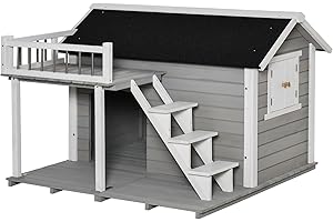 PawHut 2-Story Wooden Dog House Outdoor Raised Cabin Style with Porch for...