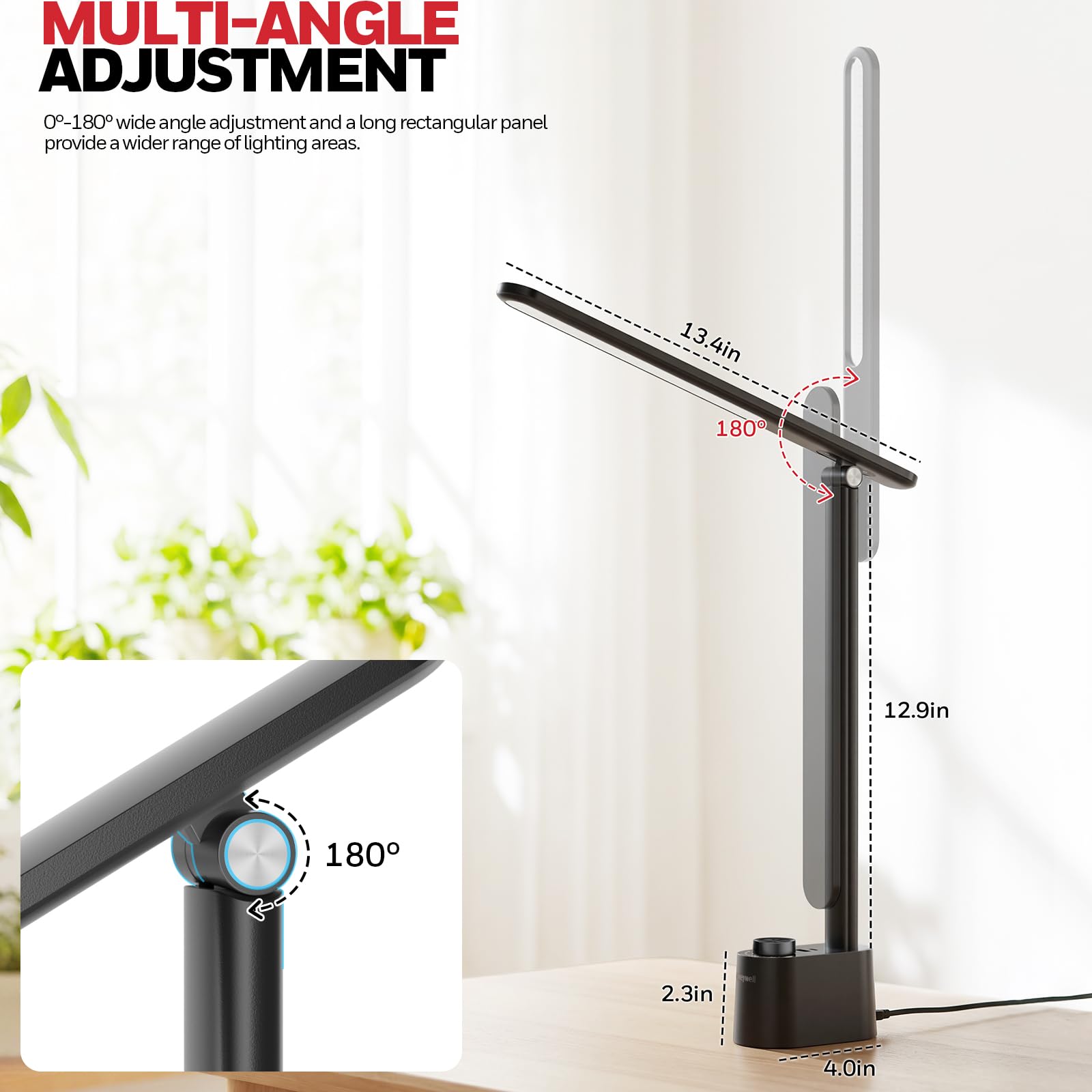 Honeywell Schreibtischlampe mit Ladestation USB A+C, Faltbar, CRI95,Dimmbar | Faltbare LED-Schreibtischlampe mit USB-C/A-Ladung, RG0, CRI95, stufenlose Dimmung 10-100%, 3 Farbtemp. (3000K-5000K).