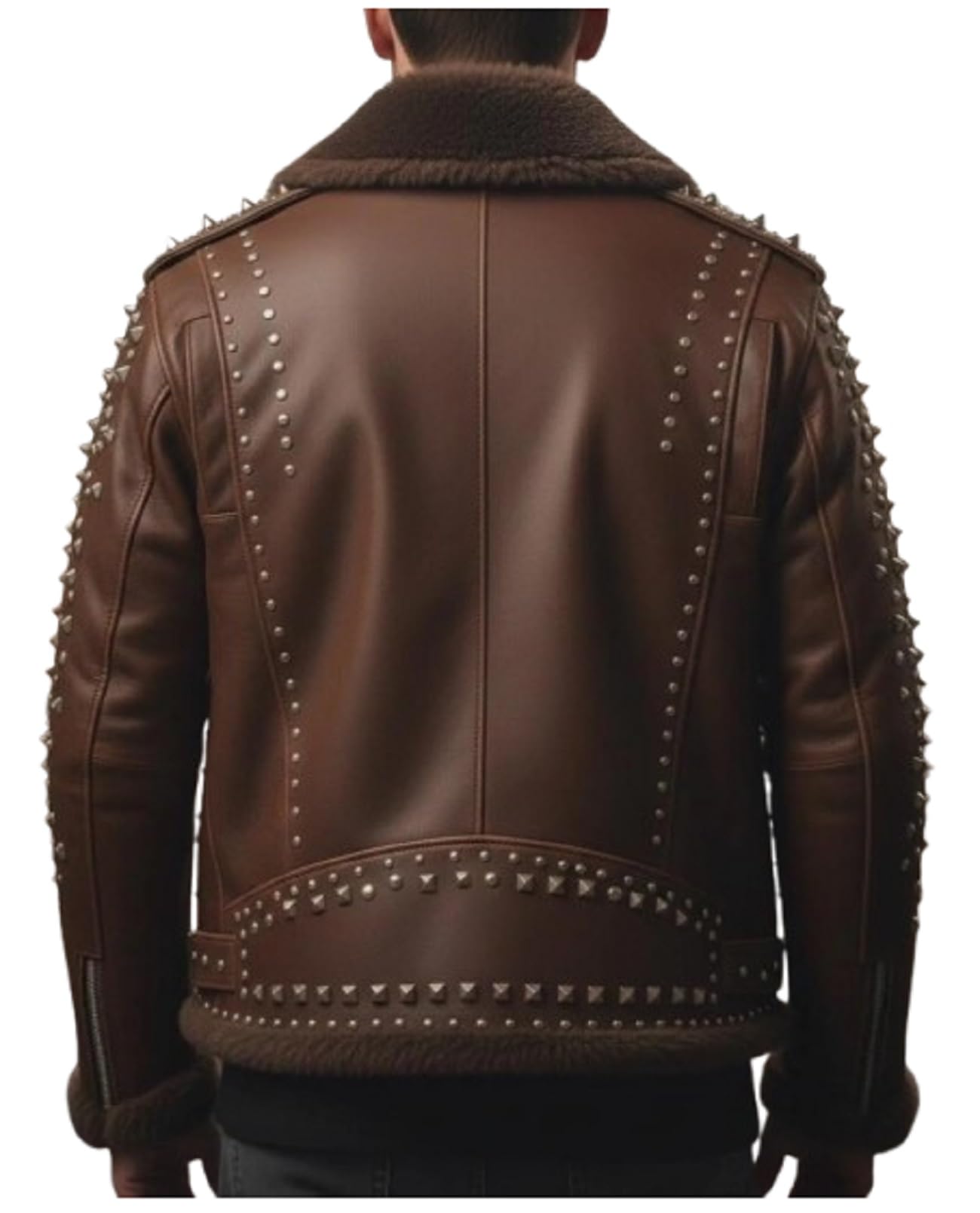 Chaqueta de aviador de cuero de primera calidad para hombre, chaqueta de motociclista marrón con forro de piel sintética de oveja y detalles de metal punk