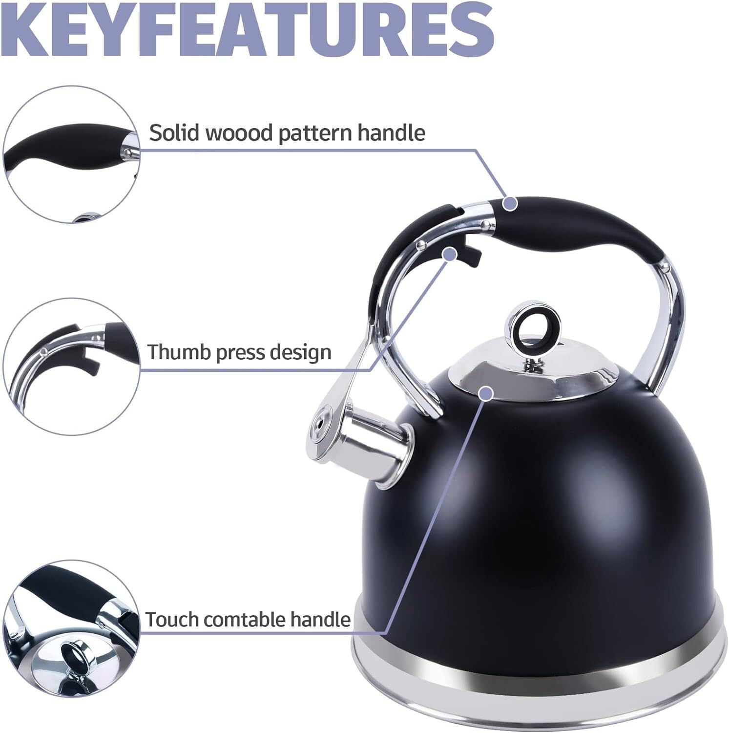 Tea Kettle Stovetop Tea Kettle Whistling Tea Kettle for Stovetop with Cool Grip Handle Food Grade Stainless Steel Tea Pots Pour Over Kettle (Black 22.8 * 19.5cm)