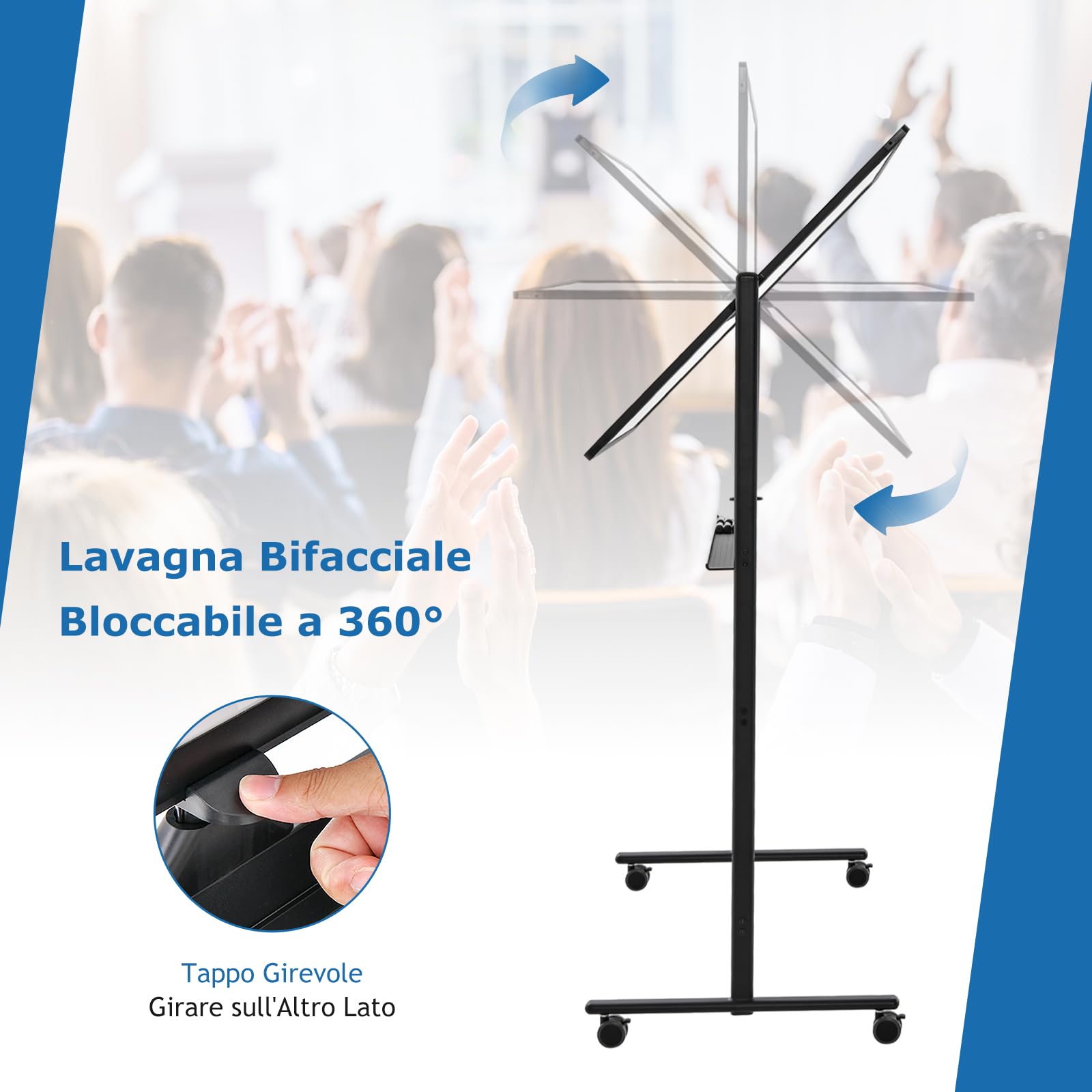 GYMAX 120 x 80 cm Lavagna Mobile Doppia Faccia, Regolabile in Altezza con Pennarelli & Gomma, Ruote Bloccabili, Struttura Metallica, Lavagna Cancellabile Reversibile per Scuola, Ufficio (Nero)