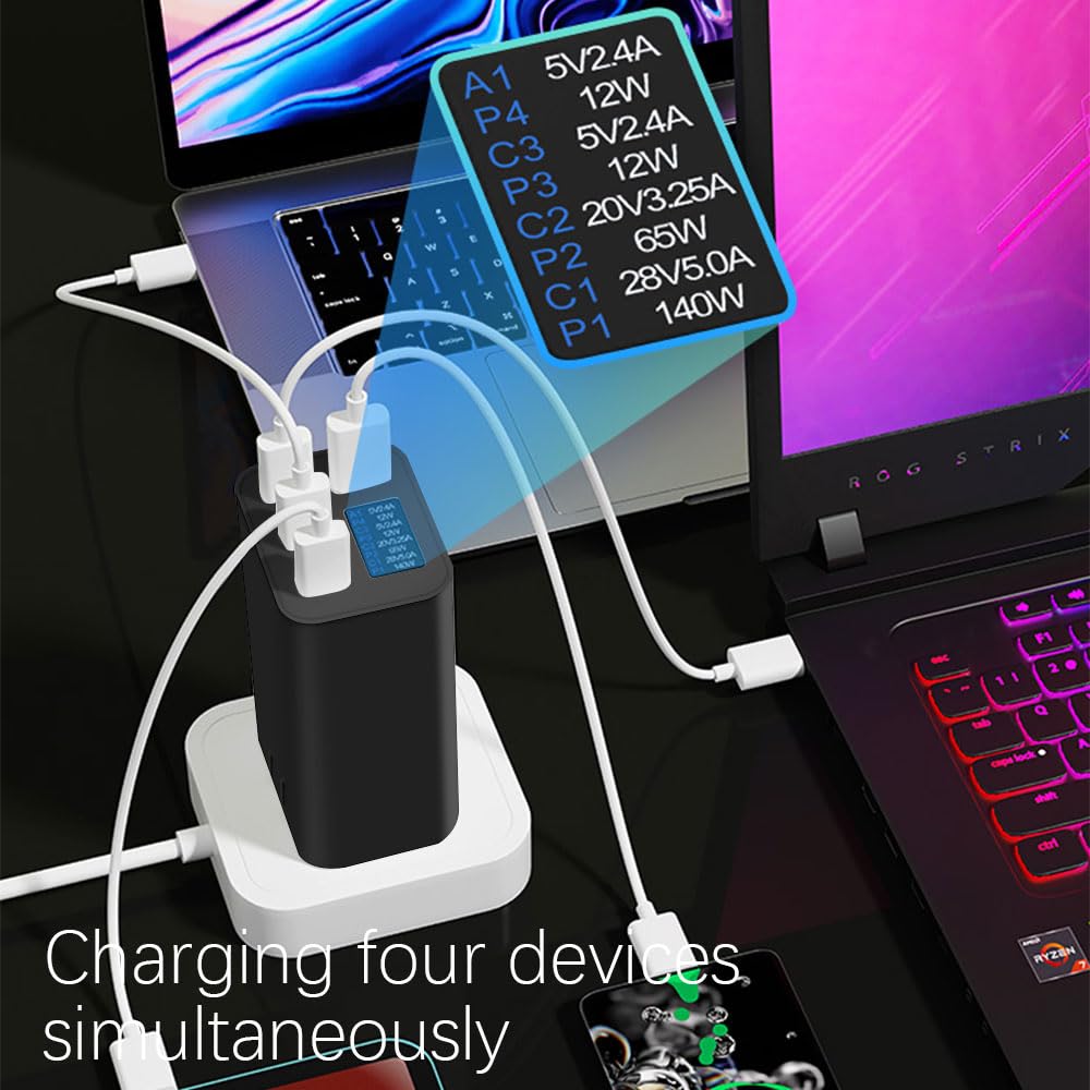 Chargeur Gan 280W avec écran OLED,4-Port GaN Type-C Adaptateur avec 3USB-C +1USB-A,PD 140W Chargeur Rapide,Chargeur Universel pour l'europe,Les États-Unis,l'Australie et Le Royaume-Uni（Noir）