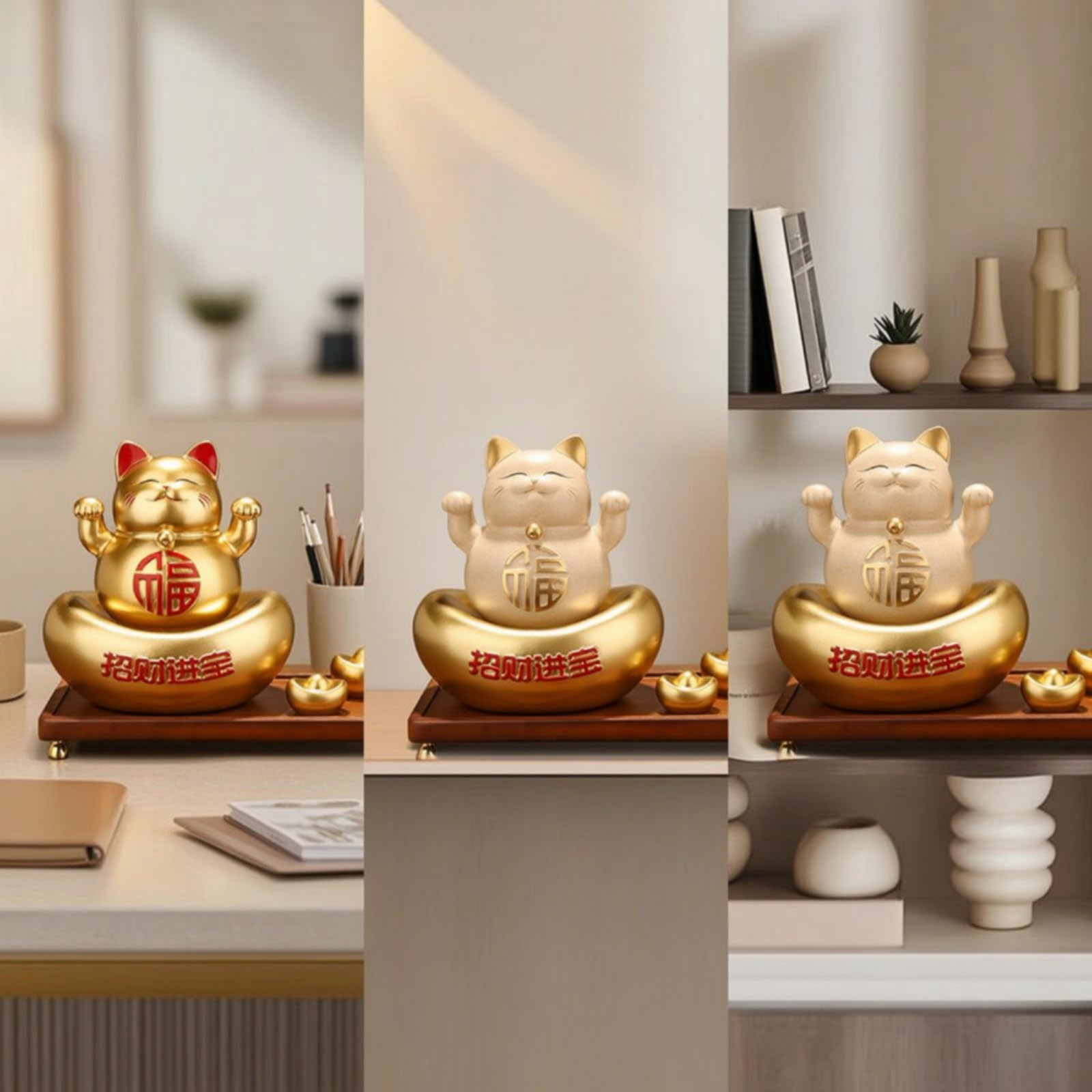 Figurine Décorative en Résine Chat Porte- Neko Statue Sculpture Ornement et Pieds Métal Doré Caractère Chinois en Relief Adaptée à Bureau Réception Plan de Travail, Crème De Café