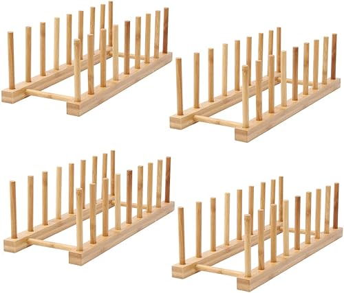 Juego de 4 escurridor de madera de bambú para platos y escurridor, soporte de almacenamiento para guardar platos, tazones, libros