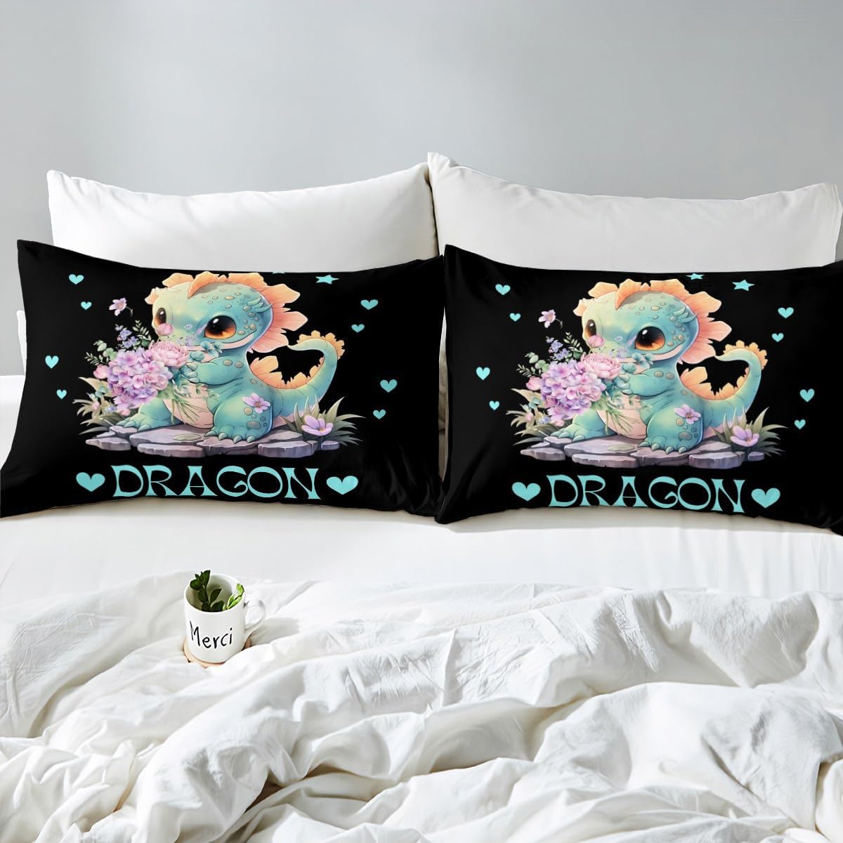 Cartoon Dragon Sheet Twin Size Cute Mint Green Dragon Bedding Set Wild Flower Plants Kids Teens Audlts Room Decor Heart Star Black Fashion Bed Sheet Set 3pcs(Fitted + Flat + 1 Pillowcase)