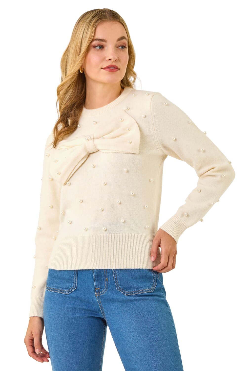 Dusk Fashion Pearl Bow Knit Jumper for Women UK - Ladies Everyday Autumn Winter Round Neckline Comfy Soft Evening Vacation Work Party Night Out - Ivory - Size 14