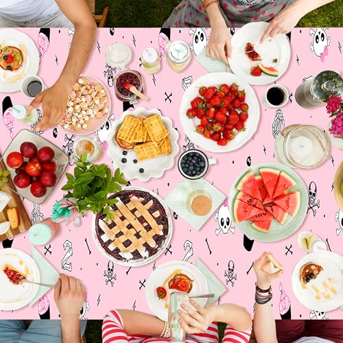 Image of K1tpde 3PCS Bad Two The Bone Party Tablecloth for Girls, Music Themed 2nd Pink Plastic Tablecloth, Rock and Roll 2nd Disposable Table Covers for Birthday Decoration, Bad To The Skeleton Party Supplies