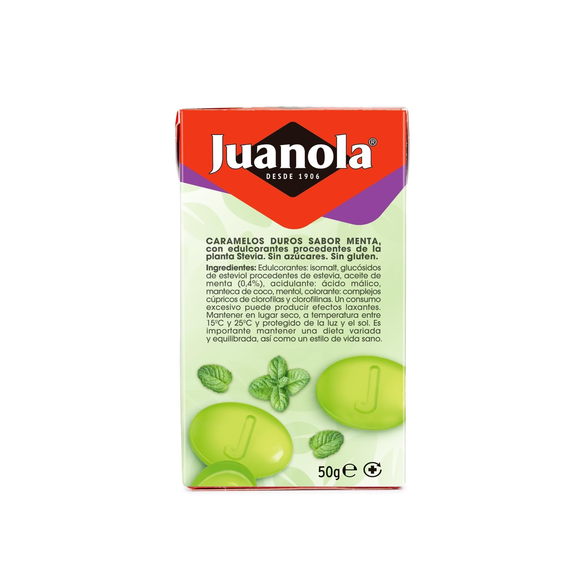 Juanola Caramelos Sabor Menta - Sin azúcar, sin gluten - Con edulcorantes procedentes de la planta Stevia - Cómodo formato de bolsillo - Explosión de sabor en tu boca - Pack 20 uds