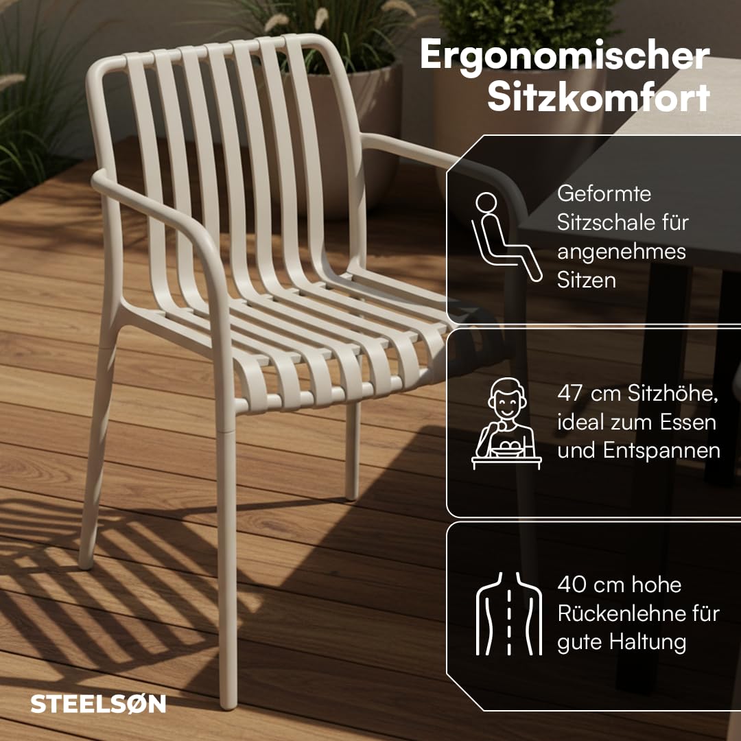 STEELSØN Pincoya Gartenstühle 4er Set – Outdoor Loungesessel Taupe – stapelbarer Balkonstuhl wetterfest & UV-beständig – Gartensessel aus Kunststoff bis 120 kg – Armlehnenstuhl Garten/Balkon/Terrasse