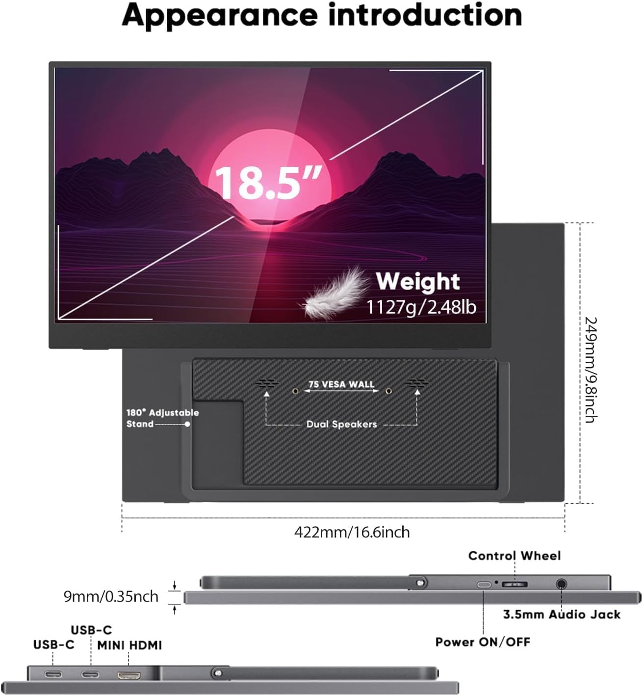Portable Monitor 18.5inch 1080P FHD 100Hz Refresh Rate Gaming Monitor, 72% sRGB, IPS Panel, Dual USB-C & Mini-HDMI for Laptop, PC, Phone, Built-in Kickstand, Speakers