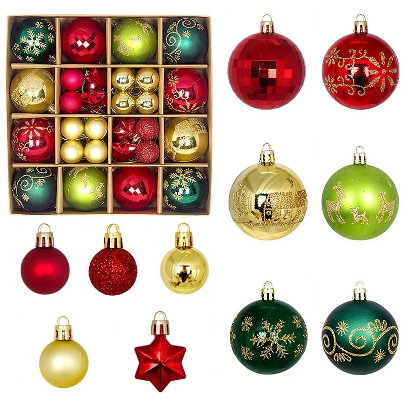 Christmas Tree Ball Ornaments Christmas Tree Decorations Xmas Shatterproof Ball Ornaments with Hanging Loop Seasonal Decorative Hanging Baubles Set (J-Red Green and Gold 44pcs)