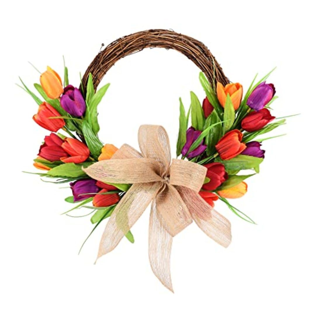 Uanqfegy Spring Wreath - Half Artificial Garland Wreath for Front Door, with Silk Flowers and Rattan Base for Home Decor 15.7 Inch