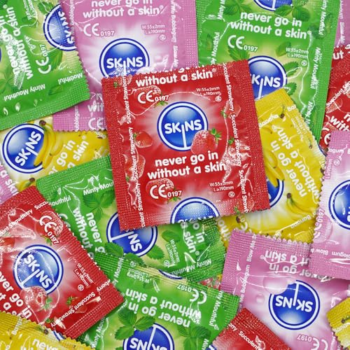 Preservativos con sabor Skins para uso oral y sexual, caja grande de condones, paquete a granel de condones con sabor premium, 100 para un máximo disfrute