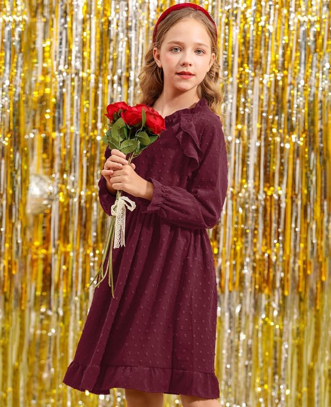 BesserBay Fall Girls Ruffle Trim Long Sleeve Swiss Dot Ruffle Collar Midi Dress 4-14 Years4
