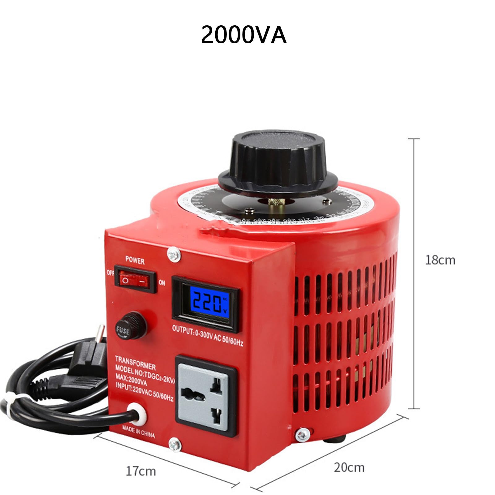 Jednofazowy regulator napięcia Transformator zmienny Maks. napięcie wyjściowe AC 0–300 V, 2 kVA