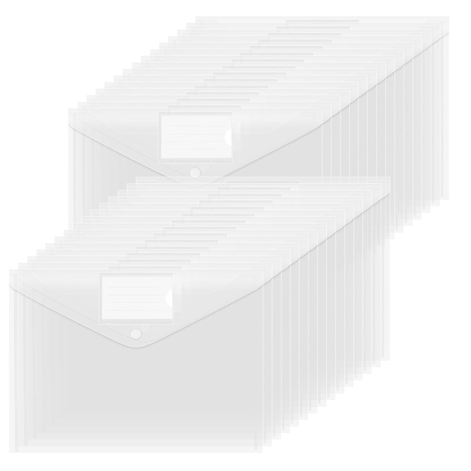 40 carpetas de documentos A4 con botón de presión, transparentes para documentos con bolsillo para etiquetas y 60 unidades autoadhesivas, resistentes al agua para la escuela, tareas domésticas