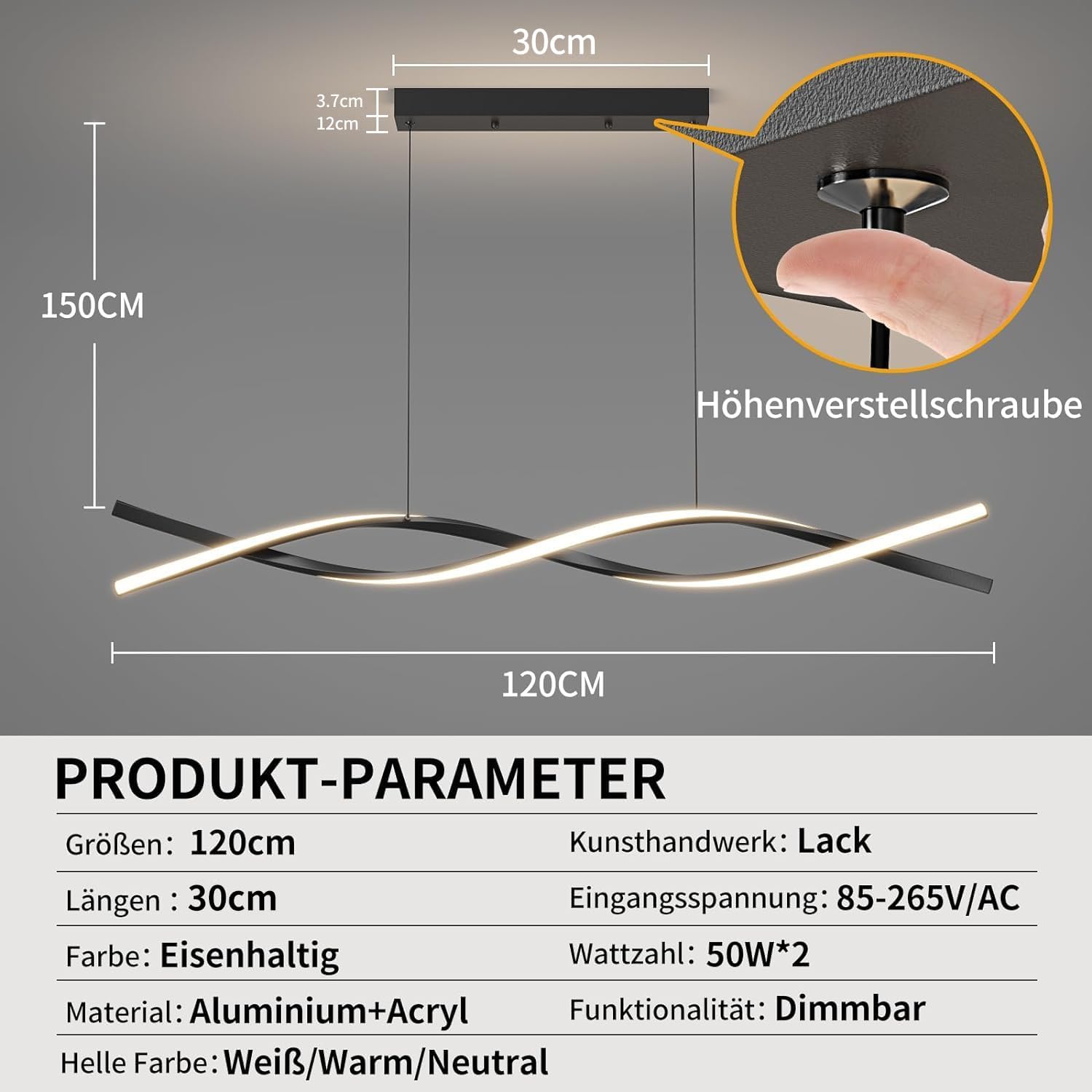 Mikeru Moderna Lampada a Sospensione, 120cm Luce Nera Regolabile per Sala Da Pranzo con Telecomando 10%-100% Luminosità Regolabile 3000k/4500k/6000k Lampadario Nero LED per Isola Della Cucina