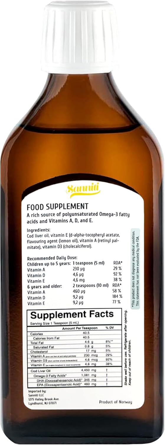 Sanniti 100% Natural Cod Liver Oil, 1081 mg Total Omega-3 Fatty Acids, Wild Caught Nordic, 250 mL (8.4 oz) (Lemon) - Image 2