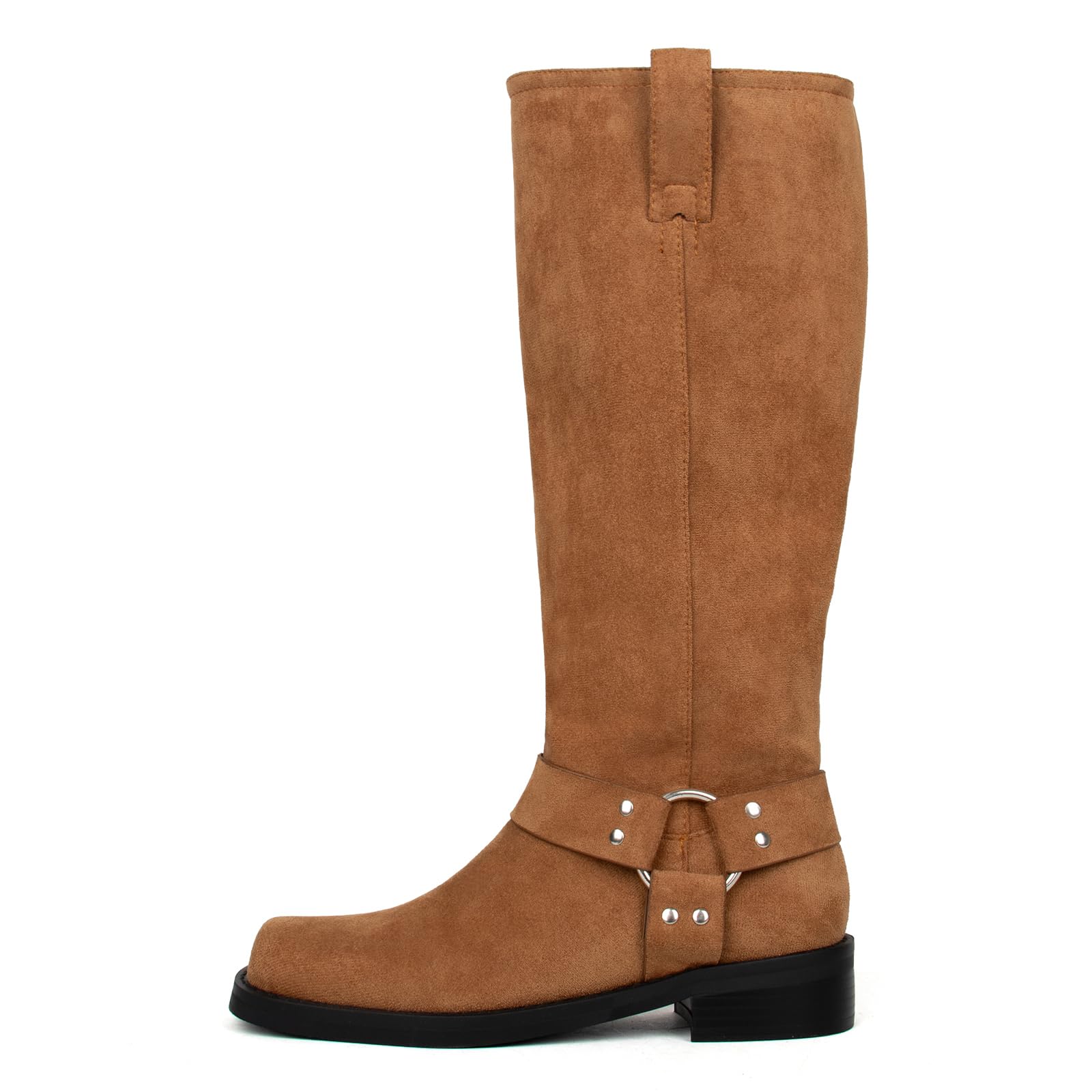 FIFSY Knee High Boots for Women Chunky Heel Buckle Boots Square Toe Pull On Motorcycle Biker Riding Boots Low Heel Tall Booties