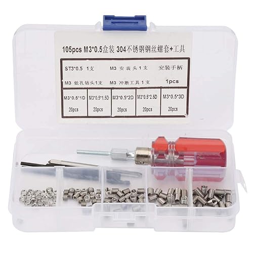 Juego de 105 piezas de acero inoxidable Helicoil M3, Filet Helicoil M3 Wire Screw Sleeve Thread Repair Insert Kit de herramientas (M3* 0.5 caja)