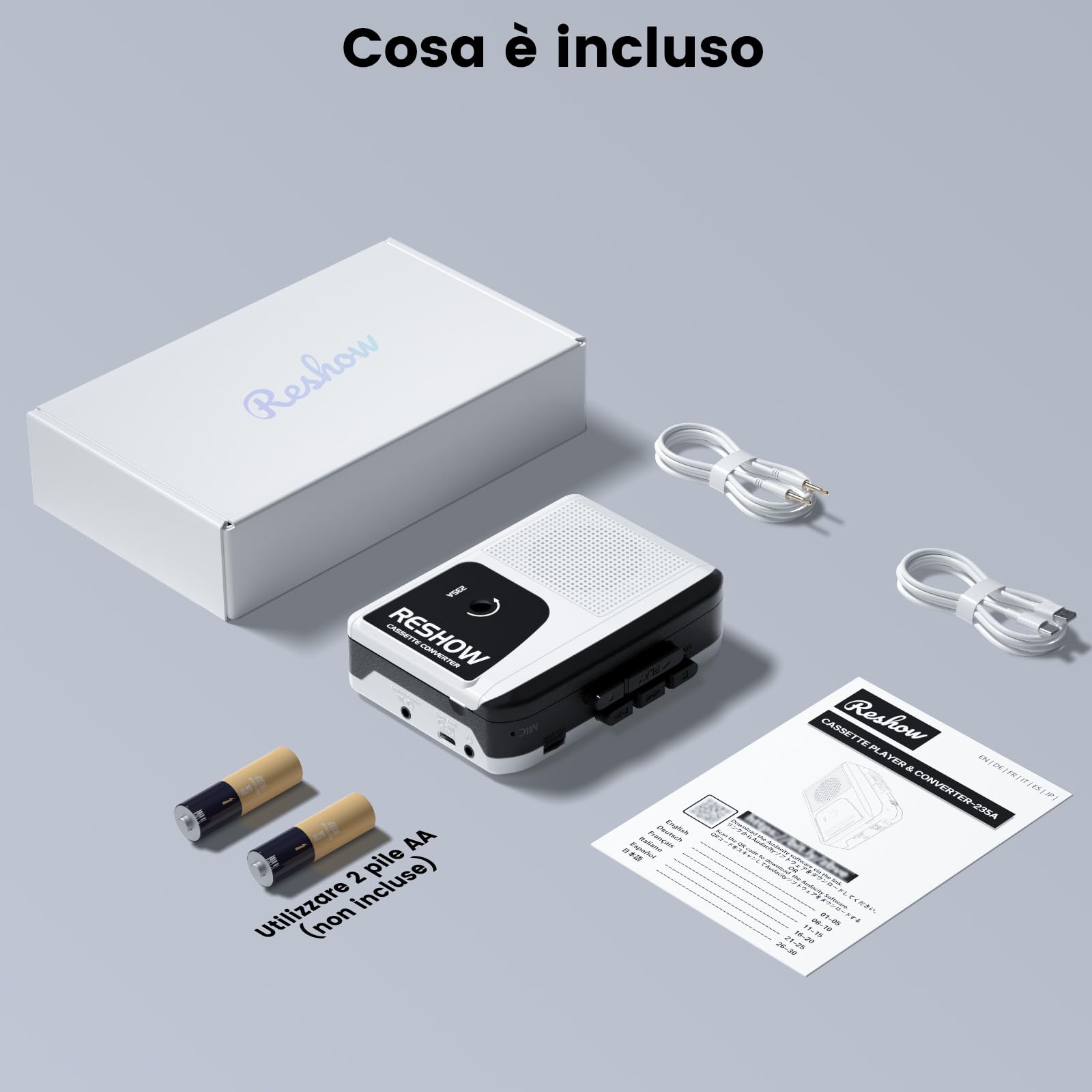 Reshow Lettore a cassette portatile, convertitore per registrazione audio MP3 tramite USB, registrazione inversa su cassetta, lettore musicale digitale, microfono incorporato e altoparlante, bianco