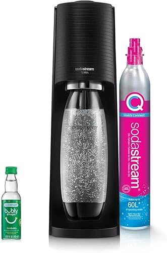 SodaStream Terra - Máquina de agua con gas (negro) con CO2, botella DWS y gota Bubly, funciona con pilas