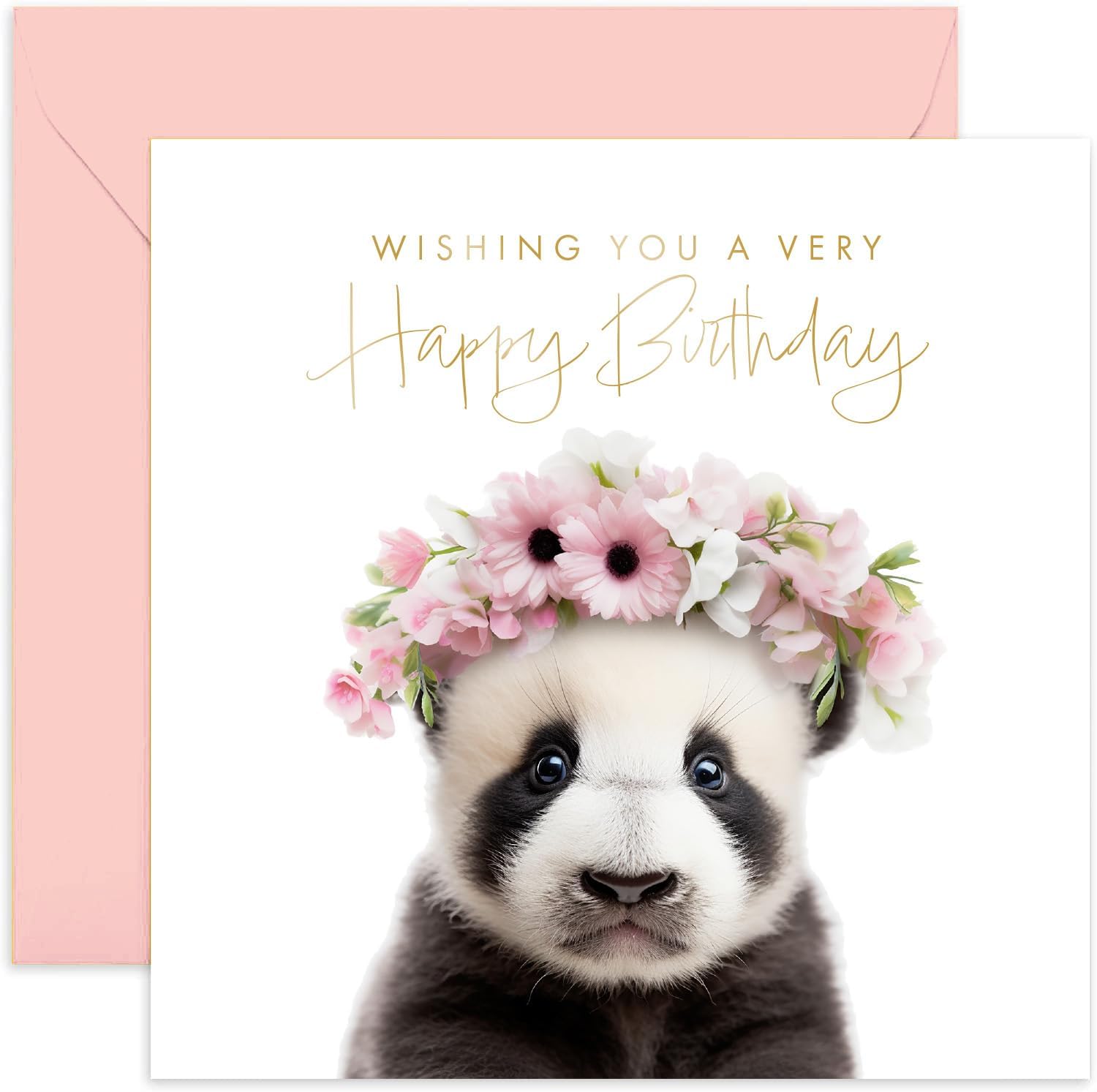 Adorable Panda Birthday Card With Gold Foil - Floral Animal Design Blank Greeting Card