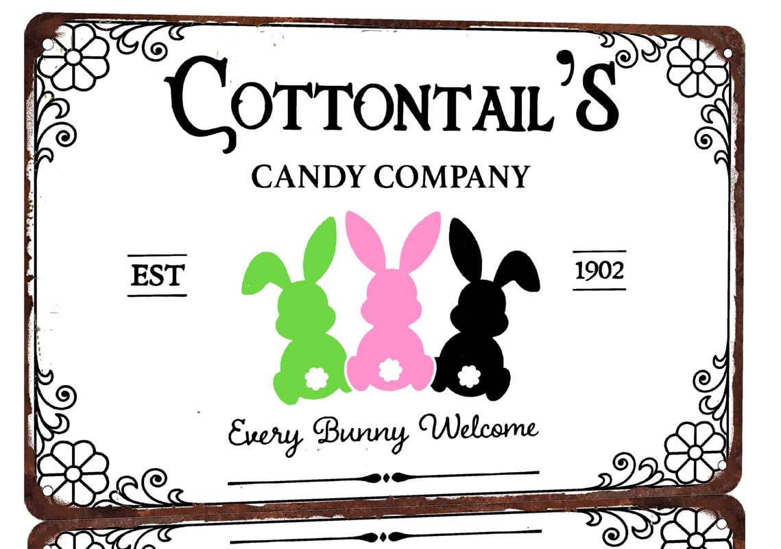 SMAZDFXX Cottontail Candy Company Every Bunny Welcome Metal Tin Sign Plaque Easter Decoration Easter Bunny Sign Easter Decoration Bunnies 8"x12"